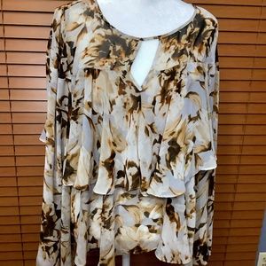 Jennifer Lopez Womens Top Medium Tan/BrownWatercolor Keyhole Blouse Work Ladies